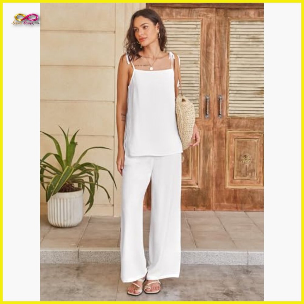 Lounge Set 2 Piece Summer Outfits Spaghetti Strap Tank Top Wide Leg Pants Travel - Picture 2 of 7